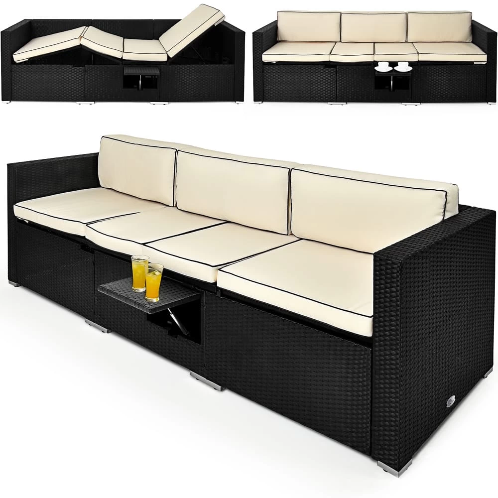 Polyrattan-Bank Schwarz/Creme 230x70x70cm Verstellbar 3 Polyrattan-Bank Schwarz/Creme 230x70x70cm Verstellbar