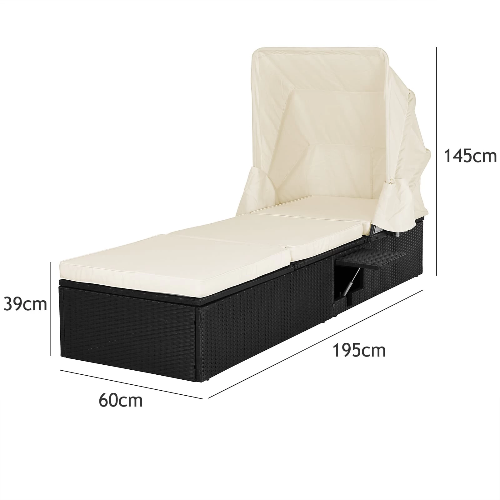 Polyrattan Sonnenliege Schwarz/Creme 195x60x39/145cm 6 Polyrattan Sonnenliege Schwarz/Creme 195x60x39/145cm – Bild 4