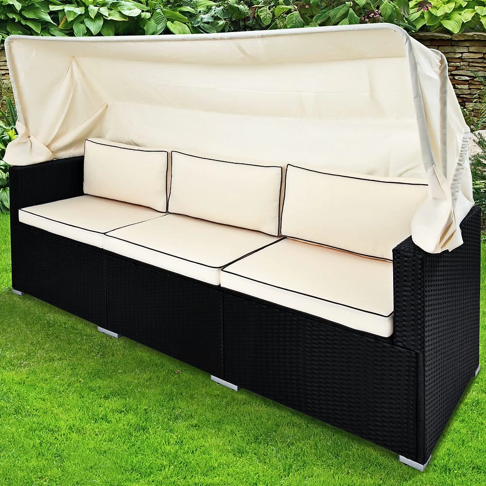 Polyrattan-Bank Schwarz/Creme 210x70x70cm + Sonnendach 5 Polyrattan-Bank Schwarz/Creme 210x70x70cm + Sonnendach – Bild 3
