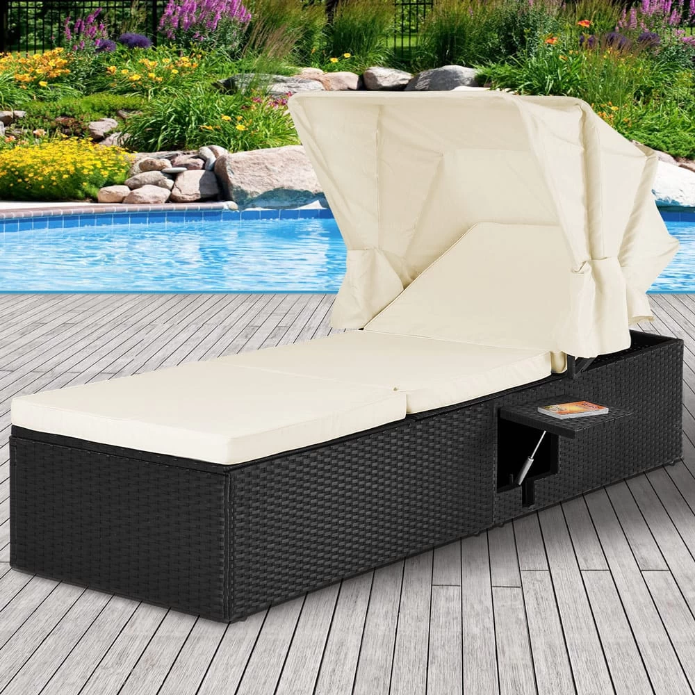 Polyrattan Sonnenliege Schwarz/Creme 195x60x39/145cm 4 Polyrattan Sonnenliege Schwarz/Creme 195x60x39/145cm – Bild 2