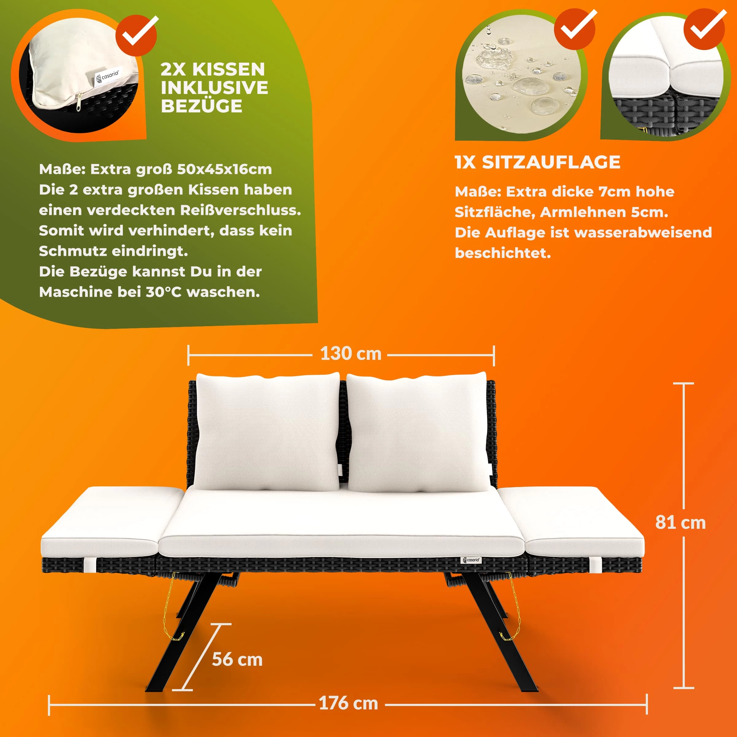 Polyrattan Gartenbank Schwarz/Creme 176x56x81cm 12 Polyrattan Gartenbank Schwarz/Creme 176x56x81cm – Bild 10