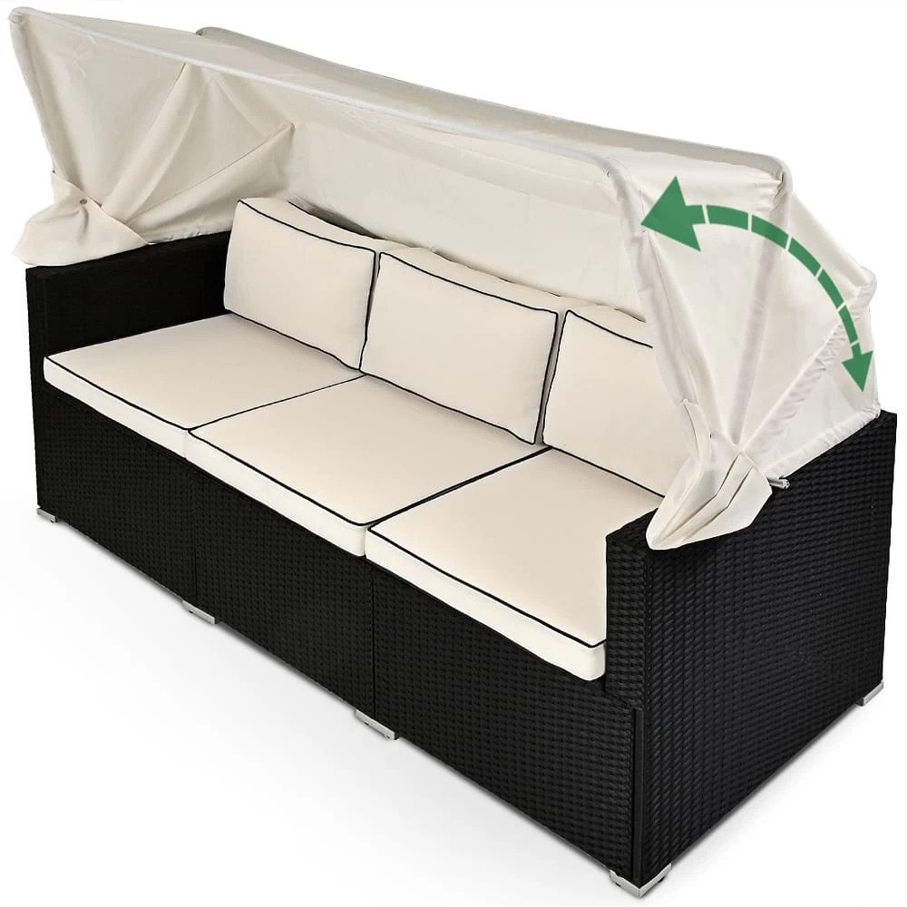 Polyrattan-Bank Schwarz/Creme 210x70x70cm + Sonnendach 3 Polyrattan-Bank Schwarz/Creme 210x70x70cm + Sonnendach