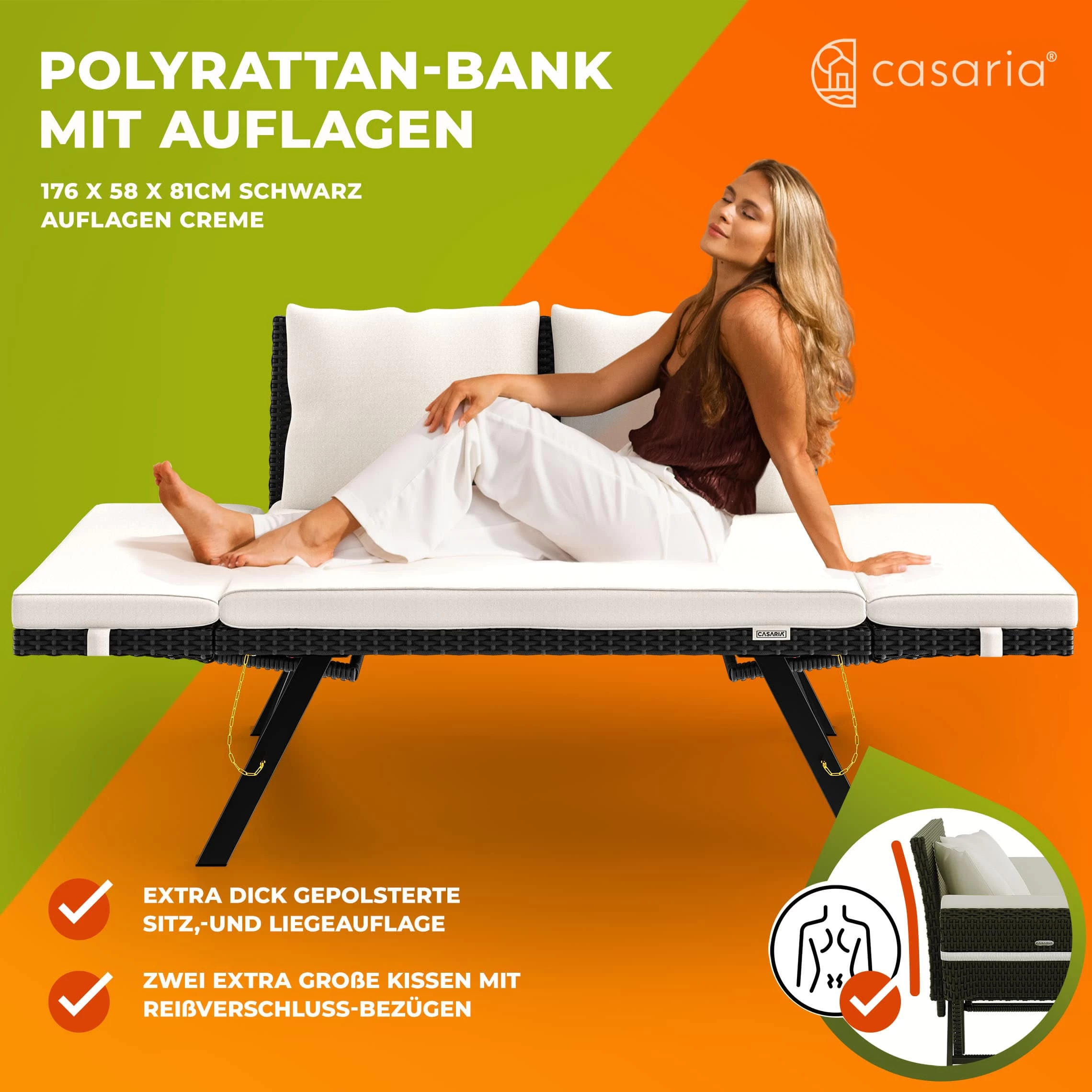 Polyrattan Gartenbank Schwarz/Creme 176x56x81cm 5 Polyrattan Gartenbank Schwarz/Creme 176x56x81cm – Bild 3