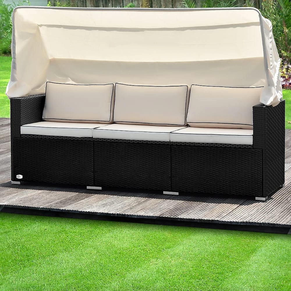 Polyrattan-Bank Schwarz/Creme 210x70x70cm + Sonnendach 10 Polyrattan-Bank Schwarz/Creme 210x70x70cm + Sonnendach – Bild 8