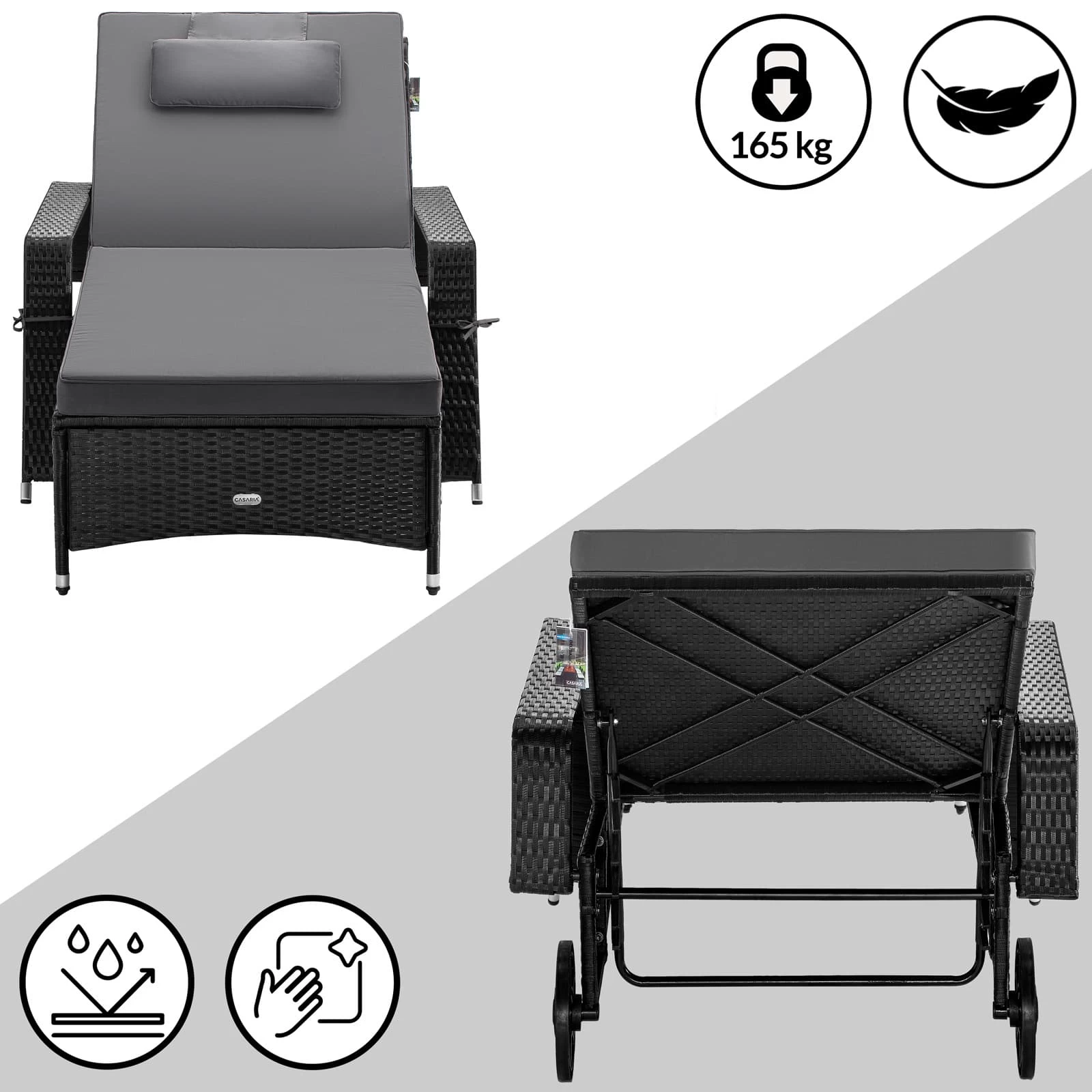 Polyrattan Sonnenliege Schwarz/Anthrazit 193x90x43cm 4 Polyrattan Sonnenliege Schwarz/Anthrazit 193x90x43cm – Bild 2