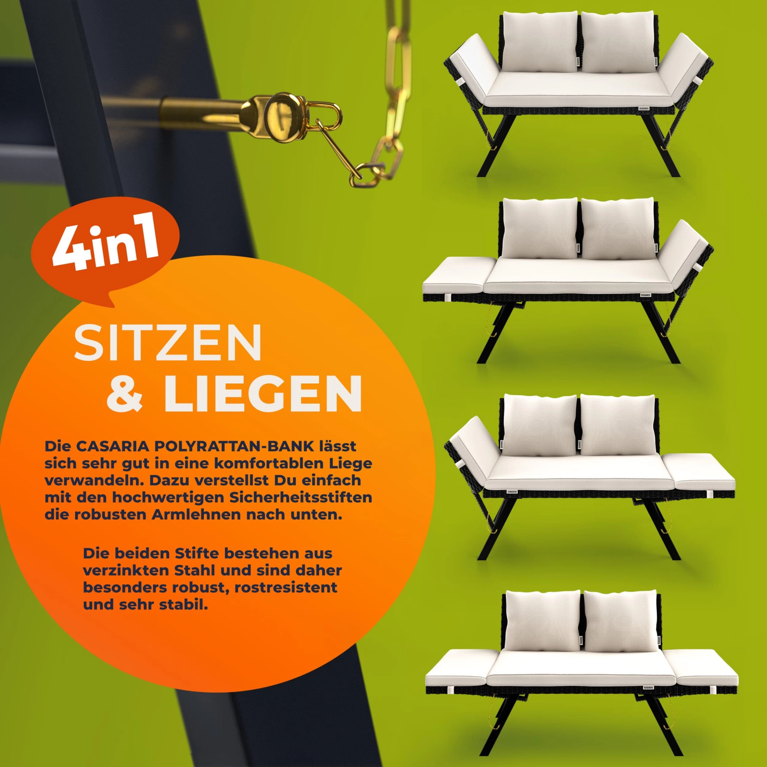 Polyrattan Gartenbank Schwarz/Creme 176x56x81cm 6 Polyrattan Gartenbank Schwarz/Creme 176x56x81cm – Bild 4